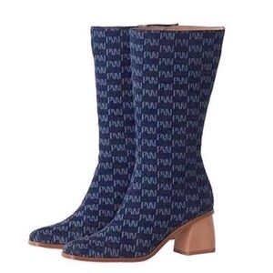 Paloma Wool denim navy blue Emiliana monogram block wooden heel boots
